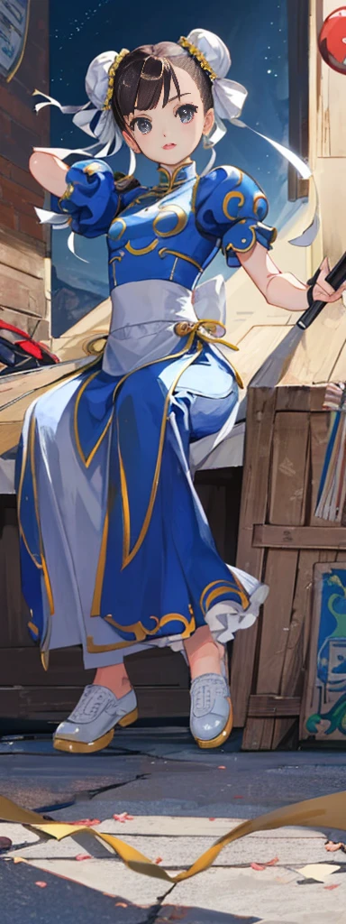 chun-li,((masterpiece)), ((best quality)), ((ultra detailed)), ((kawaii)), cute, (lovely), ((extremely detailed)), ((8K)), (beautiful),flat breast, tiny breast,full body
