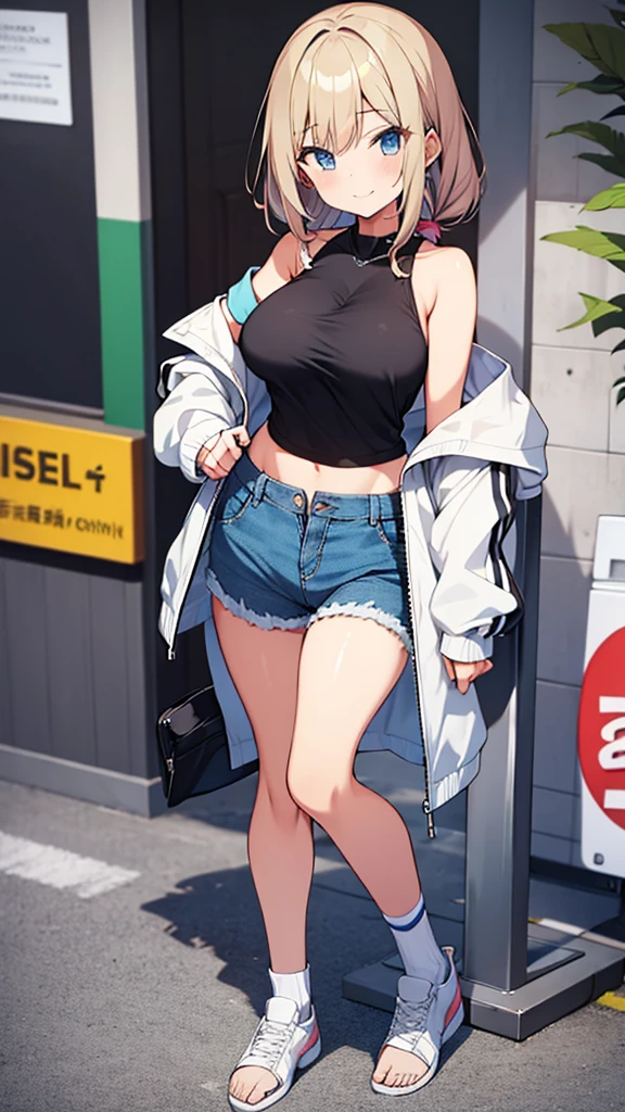 anime: 0.8), 6+ girl, (12 year old girl: 1.4), A neat and clean woman, (Ample breasts: 1.4), (Cheeky Smile: 1.1), (Black knee socks: 1.1), camisole, mesh (Tank top: 0.9), (Tube top: 1.1), T-Shirts, Off-the-shoulder crop top, mini skirt, sneakers, Sandals, (denim: 0.9), (Shorts: 0.9), Compression shorts, (hoodie: 1.1), (Track jacket: 1.1), (Windbreaker: 1.1), (Jeans jacket: 1.1), (Unzip: 1.2), Open Front, AEON Shopping