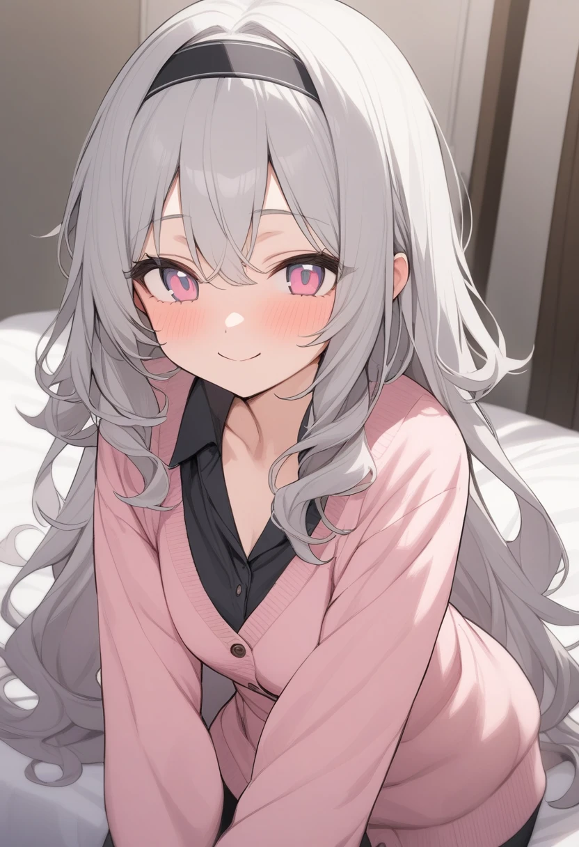 masterpiece,Highest quality,girl,smile,Wavy long hair,Gray Hair,half Pink hair color,Cute eyes,pink目,pink,cardigan、Black headband、