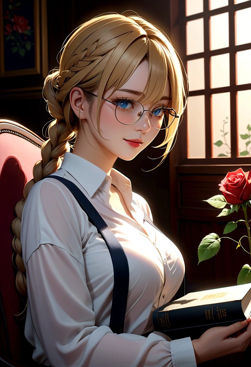 Solitary, 1 Girl, masterpiece, best quality, Extremely detailed, light, Intricate details, high resolution, Official Art, Delicate and beautiful face and eyes, high resolution插图, 8K, Dark, intense shadows, Overexposure, [Blonde hair/Brown hair], Single Braid, blue eyes, Glasses, smug, sit on the chair, Upper Body, Large Breasts, White shirt, Suspenders, Book_heap, 图Book馆, ((vine)), Rose, Looking at the audience