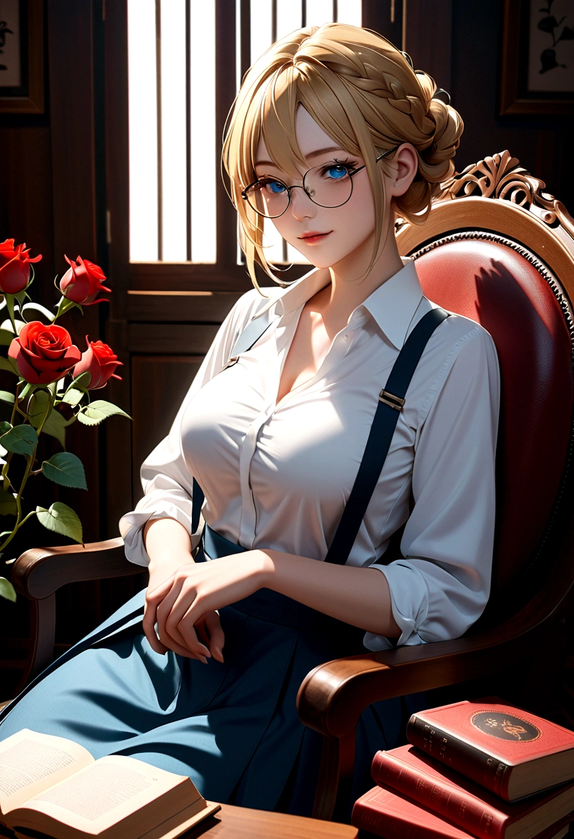 Solitary, 1 Girl, masterpiece, best quality, Extremely detailed, light, Intricate details, high resolution, Official Art, Delicate and beautiful face and eyes, high resolution插图, 8K, Dark, intense shadows, Overexposure, [Blonde hair/Brown hair], Single Braid, blue eyes, Glasses, smug, sit on the chair, Upper Body, Large Breasts, White shirt, Suspenders, Book_heap, 图Book馆, ((vine)), Rose, Looking at the audience