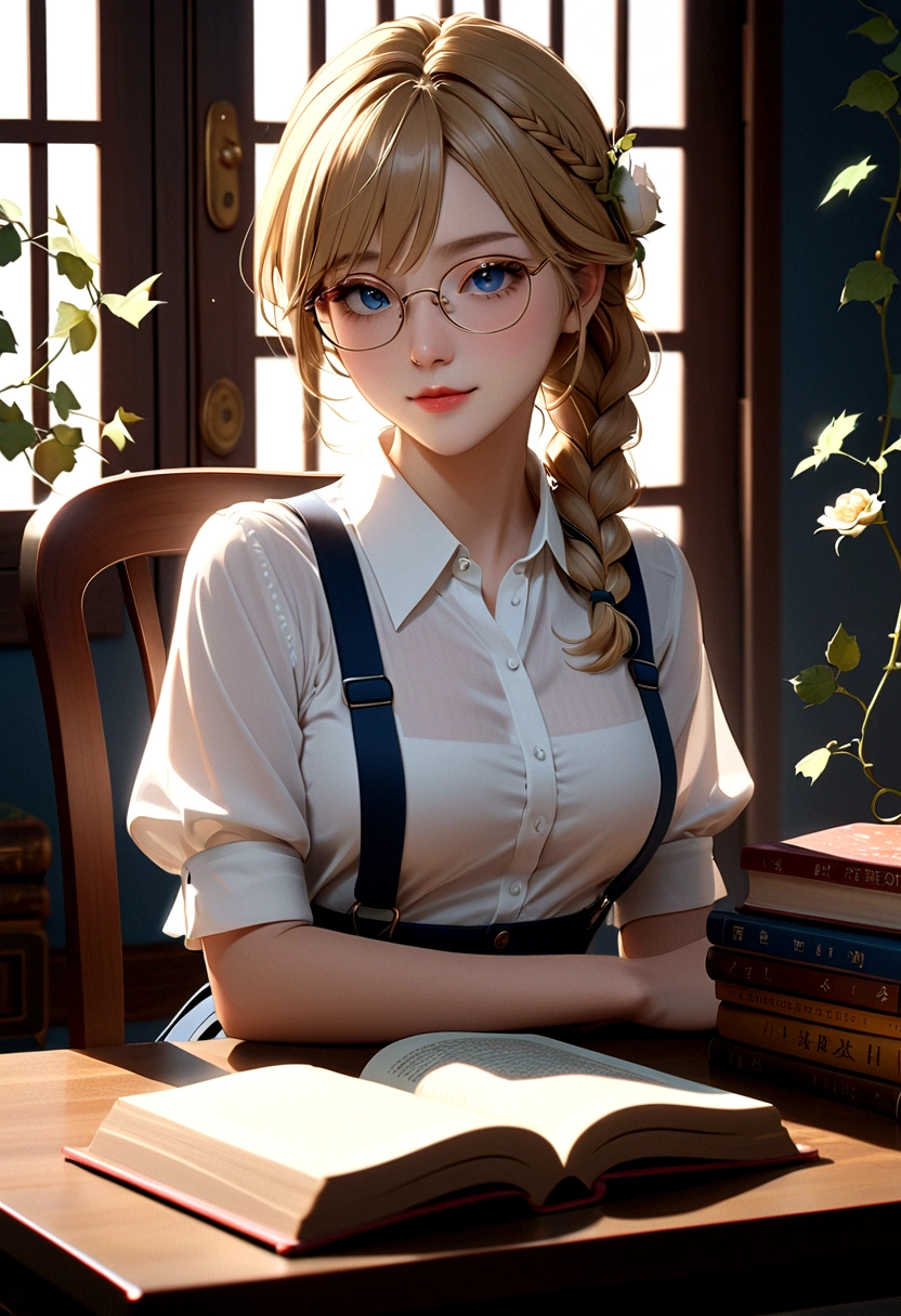 Solitary, 1 Girl, masterpiece, best quality, Extremely detailed, light, Intricate details, high resolution, Official Art, Delicate and beautiful face and eyes, high resolution插图, 8K, Dark, intense shadows, Overexposure, [Blonde hair/Brown hair], Single Braid, blue eyes, Glasses, smug, sit on the chair, Upper Body, Large Breasts, White shirt, Suspenders, Book_heap, 图Book馆, ((vine)), Rose, Looking at the audience