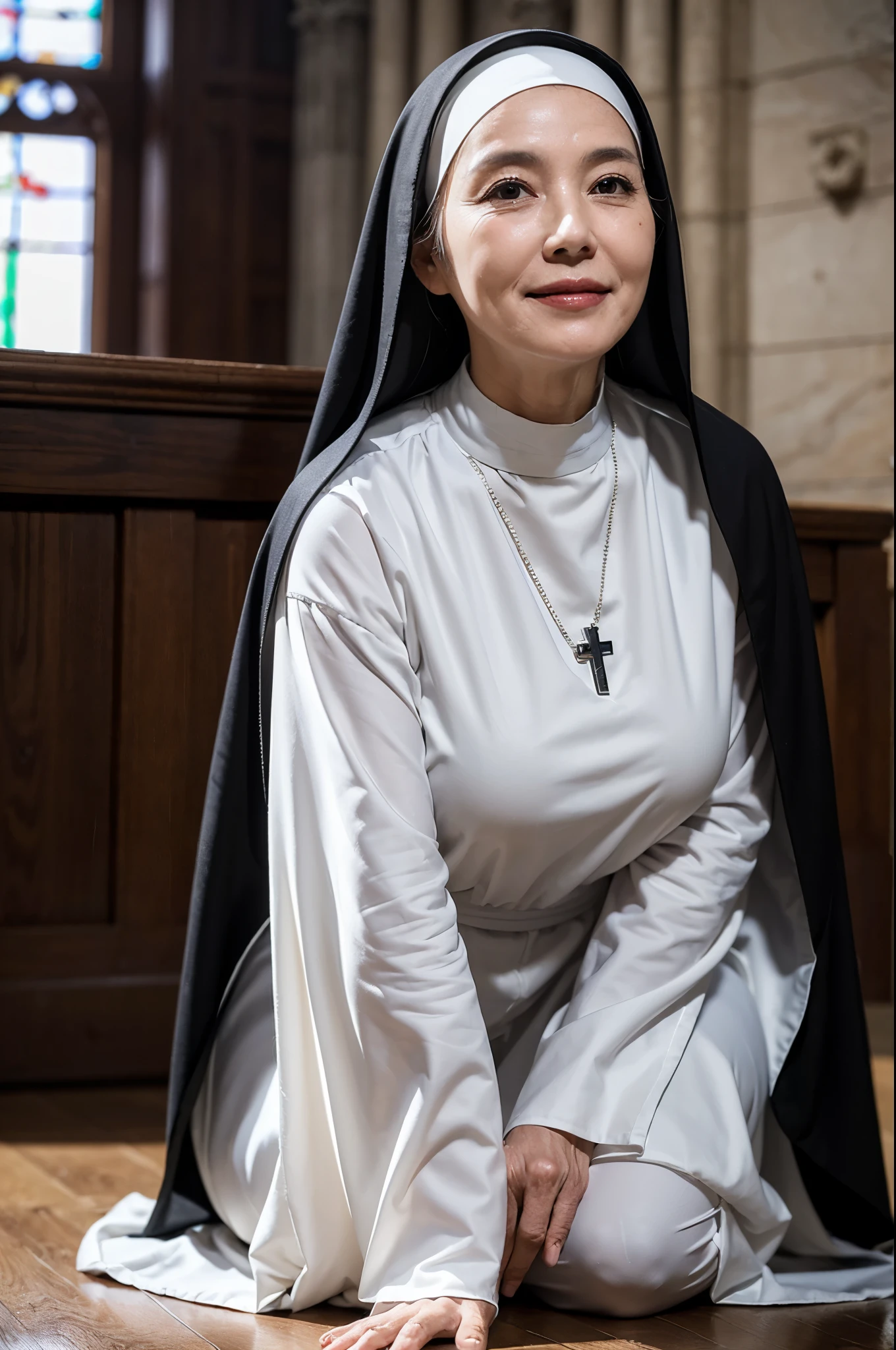 (masterpiece:1.4),(55-year-old woman:1.5),(Facial wrinkles : 1.2), pores, dull skin, skin blemishes, gentle smile, motherly smile, long hair, (dressed as a catholic nun), (black and white clothes), detailed backgrounds, church, divine atmosphere, rosary, cross, kneeling on a floor