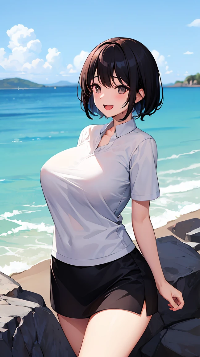 18 year old girl。The body is curvaceous、have huge breasts、Smiling, with clear eyes and an open mouth。The skin is glowing、Sweat is dripping。She has short black hair and bright black eyes.、Wearing a summer shirt。A skirt fluttering in the wind。It depicts a person walking on the beach.、There is a shadow of a rock behind。Both hands are clasped behind the back。