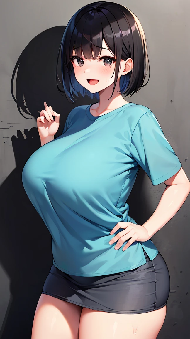 18 year old girl。The body is curvaceous、have huge breasts、Smiling, with clear eyes and an open mouth。The skin is glowing、Sweat is dripping。She has short black hair and bright black eyes.、Wearing a summer shirt。A skirt fluttering in the wind。It depicts a person walking on the beach.、There is a shadow of a rock behind。Both hands are clasped behind the back。