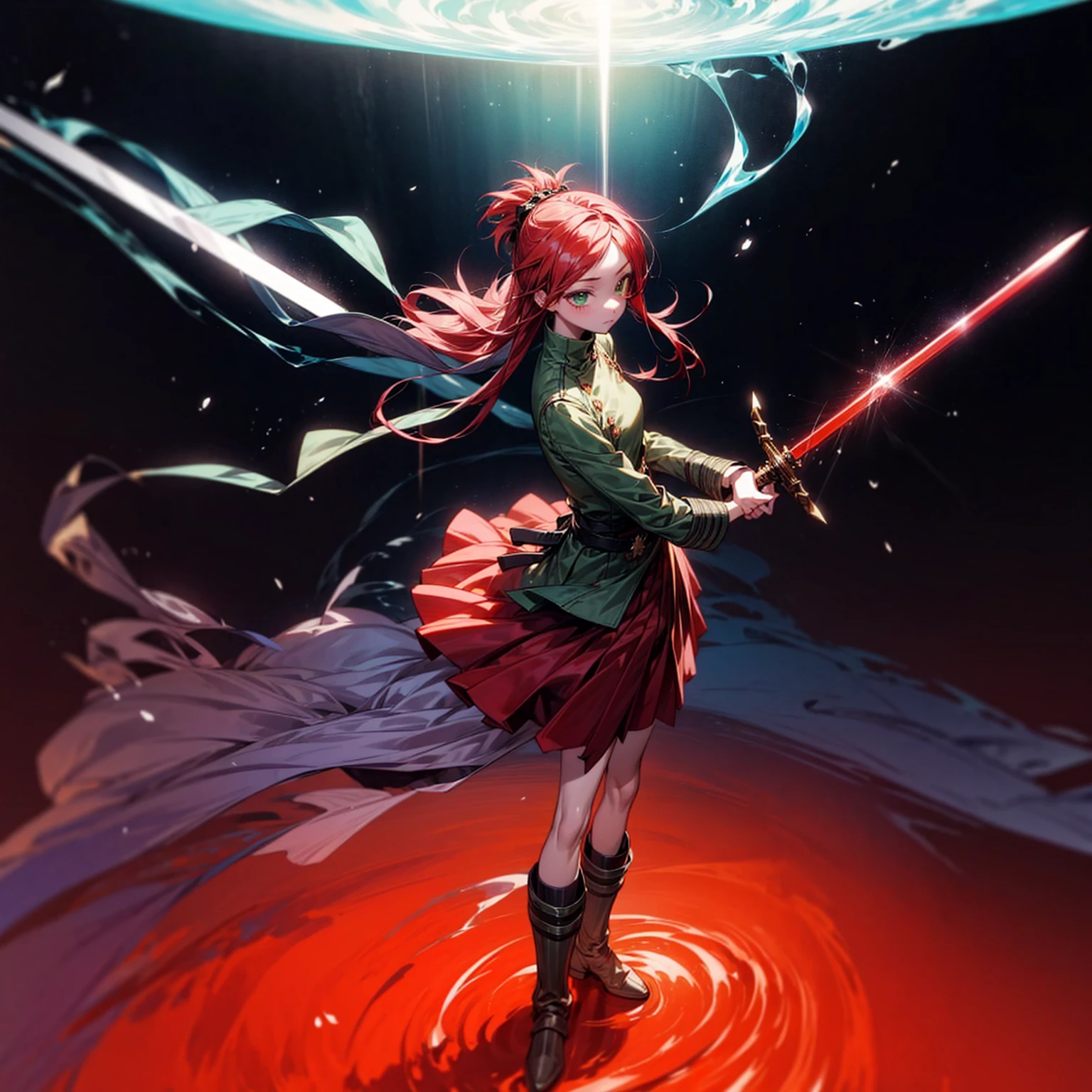 1girl, Full body version, 1character, character is girl, green eyes color, long hairstyle, red colour hair, soldier style clothing, Long skirt, long socks, long boots, red earrings, two gold sword in two hand, full armors in body, full background, Grassroots, background in town, motion blur, shadow, standing gesture, sword emits a black aura, smoke, blue fire, lighting sword, lighting hologram, satan, lighting blue fire 