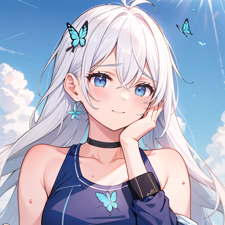 1 ,Blue Pupil,toenails,hand on own face,White hair,sky blue eyes,(blush:1.1),choker,blue sky,lesbian full body，shivering,sweat,Gotas de sweat,dream magical,(speed line:1.1),medium breasts, ((rough breathing:1.3)), cure, butterfly earrings, top cut, pleasure, loud and cold，high quality 4k