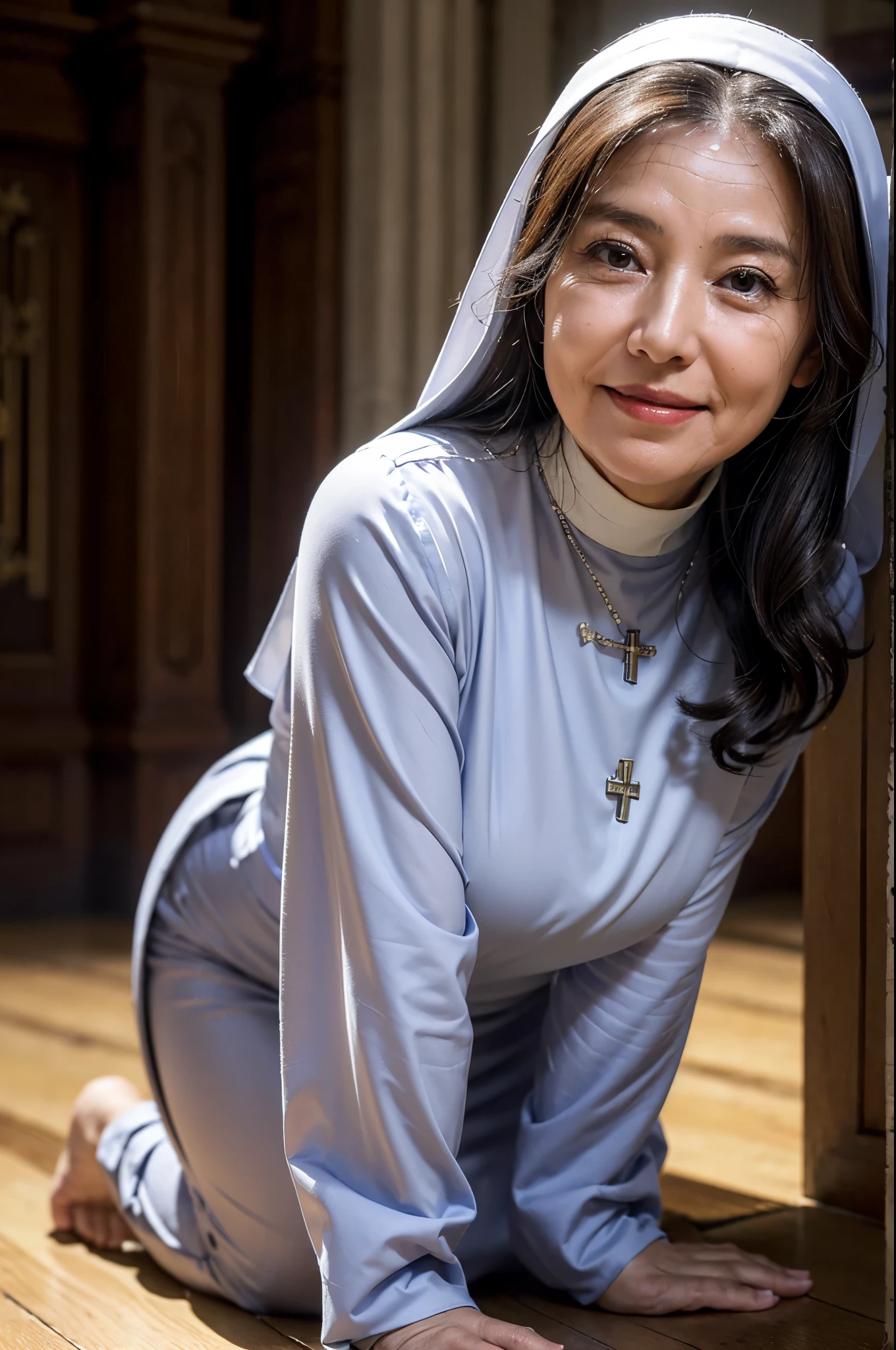 (masterpiece:1.4),(55-year-old woman:1.5),(Facial wrinkles : 1.2), pores, dull skin, skin blemishes, gentle smile, motherly smile, long hair, (dressed as a catholic nun), (fat thighs), detailed backgrounds, church, divine atmosphere, rosary, cross, kneeling on a floor