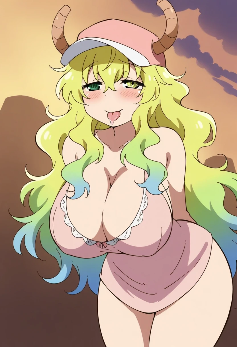anime art style, 2d, masterpiece, best quality, very aesthetic, absurdres, dynamic shadows, atmosferic, lucoa_md, (1girl), (blonde hair), long hair, (gradient hair), green hair, blue hair, (heterochromia), green eye, yellow eye, ahoge, hair between eyes, bangs, big breasts, cleavage, curvy body, collarbone, makeup, ahegao, tongue out, saliva, horns, hat, pink baseball cap, nightgown, (see-through), sexy smile, (cowboy shot), leaning forward, (from below), beach, clouds, sky