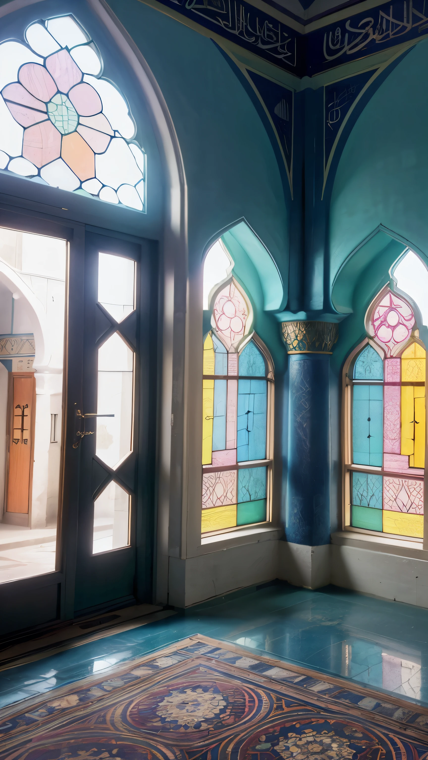 inside mosque, (((colourful))), (((mosque window in background))), (((idlamic architecture))), (((mosque interior details)))