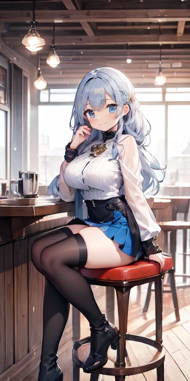 work of art, 8K, style of art by shaman240, very highly detailed face, detailed clothing, detailed fabric, 1 girl, beautiful  face, asymmetrical long hair, hair light blue, breasts big, slim, thick-thighs, wearing beautiful winter clothes, peencil leather mini skirt, Dior thigh high boots ,very detailed blue cat eyes, sitting on a stool inside a modern cafe, holding a phone, cute smile, sunny winter scenery, full body view, happy expression,