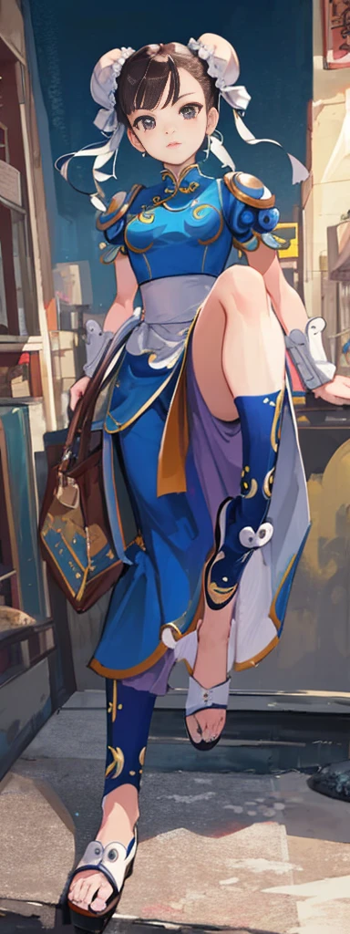 chun-li,((masterpiece)), ((best quality)), ((ultra detailed)), ((kawaii)), cute, (lovely), ((extremely detailed)), ((8K)), (beautiful),flat breast, tiny breast,full body