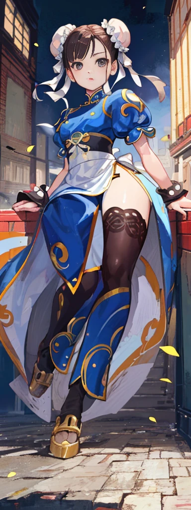 chun-li,((masterpiece)), ((best quality)), ((ultra detailed)), ((kawaii)), cute, (lovely), ((extremely detailed)), ((8K)), (beautiful),flat breast, tiny breast,full body