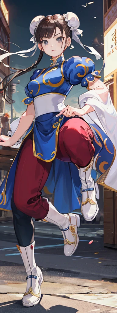 chun-li,((masterpiece)), ((best quality)), ((ultra detailed)), ((kawaii)), cute, (lovely), ((extremely detailed)), ((8K)), (beautiful),flat breast, tiny breast,full body