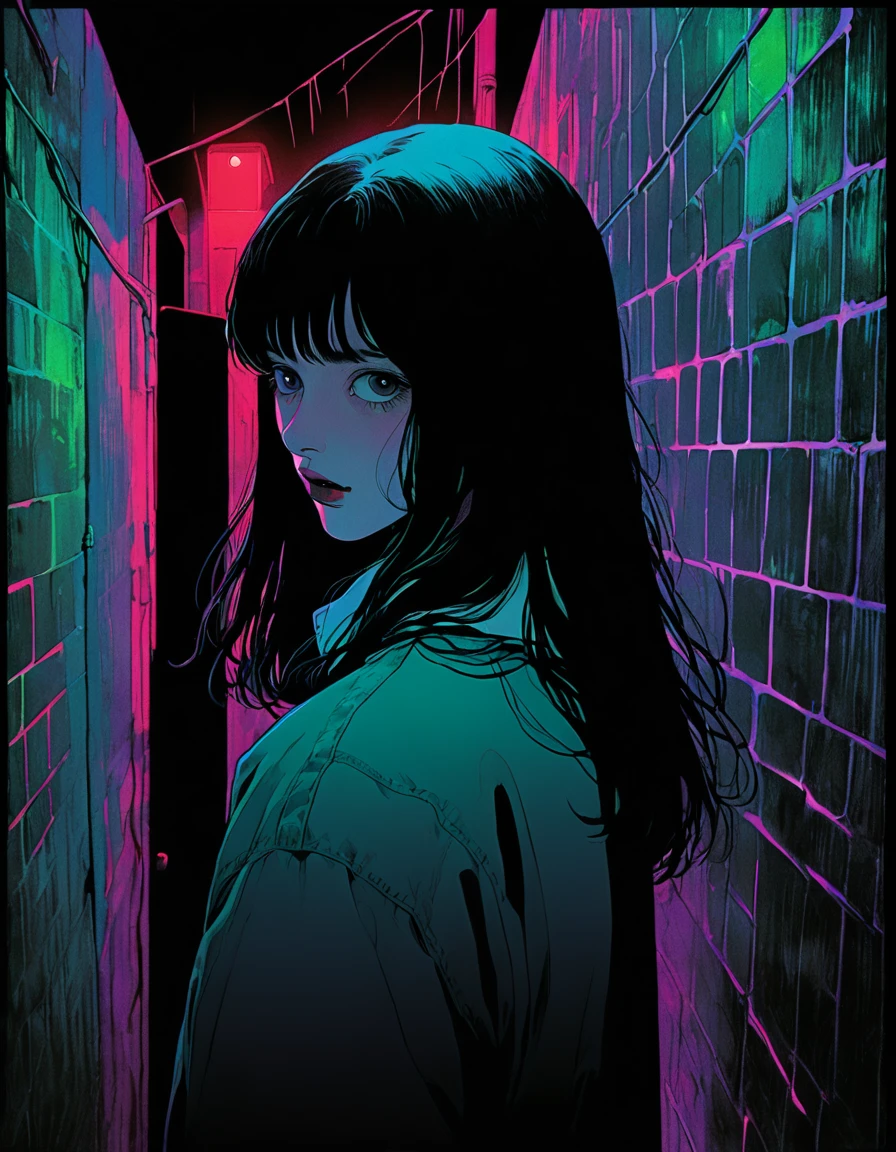 illust、art、from 80s horror movie, directed by Junji Ito、darkness、Young Man, Alley、nightmare、anxiety、high detail, realsitic shadow、Analog style, vhs style, 8mm film, chromatic aberration, Dvd screengrab、Surrealism
