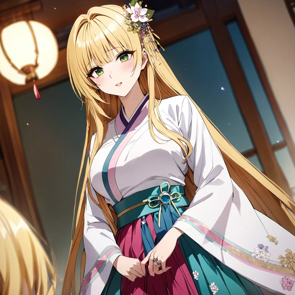 ((Highest quality)), ((masterpiece)), (detailed), (Perfect Face)、The woman in the Korean palace is a Korean Tiayoo, wearing a gorgeous and glittering hanbok (traditional Korean dress) in a Korean mansion, with a gorgeous hair ornament, gorgeous jeweled accessories, and an engagement ring.、The woman is an elegant tiare with green eyes and medium-long blonde hair. The woman is a Korean tiare wearing a hanbok.