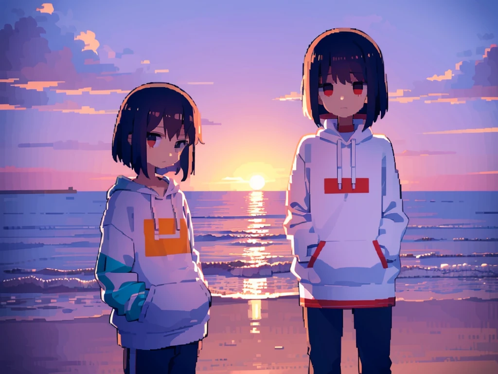 Sunset on the seaside road，A 17-year-old girl is looking at the camera with reluctant eyes，Pixel style，Wearing a sweatshirt with his hands in his pockets, standing sideways，Upper Body，The girl is relatively small in the frame and is located in the lower right corner of the lens.，The lens is wide-angle and atmospheric