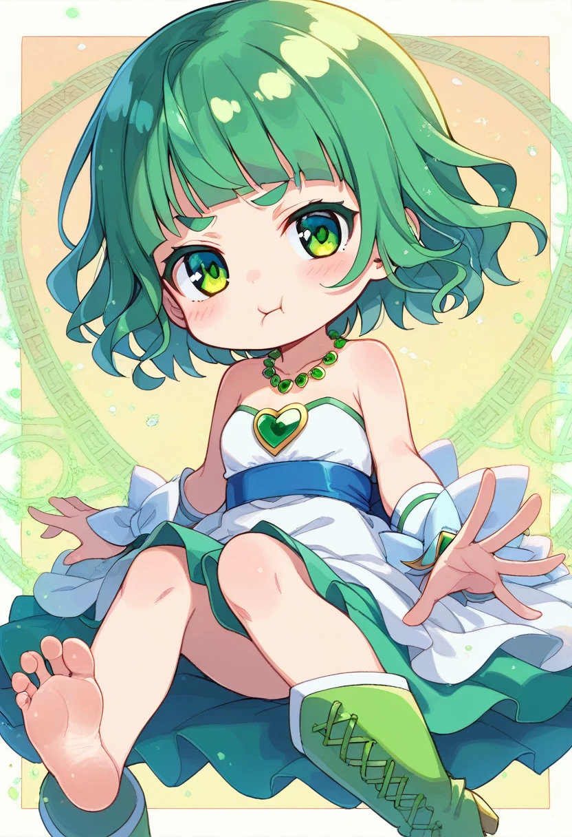 score_9, ,score_7_up, score_6_up, 1girl, source_cartoon, source_anime,breathtalking Scenery,watercolor,smooth soft skin, natural skin,mjm,brs
BREAK
(loli:1.4),(little female child:1.4), small breast,cute face, (loli toddler:1.1), 6 yo,kawaii, (highlight on eyes), (jiggly:0.8), shiny skin,beautiful eyes, detailed eyes, puffy eyes,
BREAK
(medium green hair:1.3),(green maro eyebrows:1.6),pouty and slightly grumpy,(pout:1.2), ::(, (jitome),(frown:0.6),white streaked hair, green eyes, shining out line,
BREAK
(hensin:1.3),(henshin:1.3), magical girl,,(transparent background:1.3),wearing shoes on feet, sidelocks, bow, gem necklace, deepgreen pleats overskirt,white dress,frills, sash, high_heels, collarbones, wedding dress, heart_print,
BREAK
wearing boots on feet, wearing lightgreen magical Girl Costumes,(magical effect:1.2), magic circle,colorful background,light particles,light sparkles,crystal light,powder light,dynamicpose,outstretched legs,sitting,