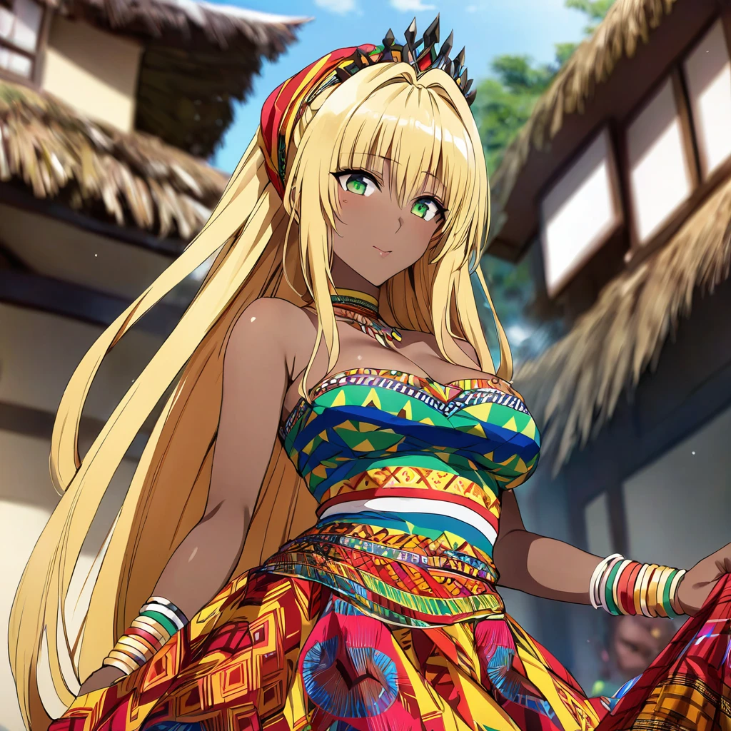 ((Highest quality)), ((masterpiece)), (detailed), （Perfect Face）、The woman is a black Ghanaian Tiayyu with vivid dark skin, wearing a gorgeous, colorful, glittering Ghanaian dress, a colorful head scarf, gorgeous jeweled accessories, and an engagement ring in a Ghanaian village.、The woman is an elegant Tiara with green eyes and blonde semi-long hair. She is wearing a colorful Ghanaian dress and a colorful head scarf. She has bright dark brown skin and is a black Ghanaian Tiara.、（The woman is a black Ghanaian with vivid dark brown skin.）