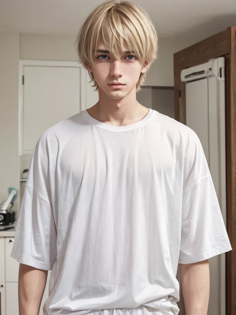 (best quality), 1boy, Male, 24 years old, young man, white skin, blonde hair, messy hair, messy bangs, bangs over eyes, short hair, brown eyes, perfect eyes, Denji, dark circles under eyes, lean, lanky, slender, clear face, tired, white t-shirt, sweatpants, masculine, masterpiece, anatomically correct, highres