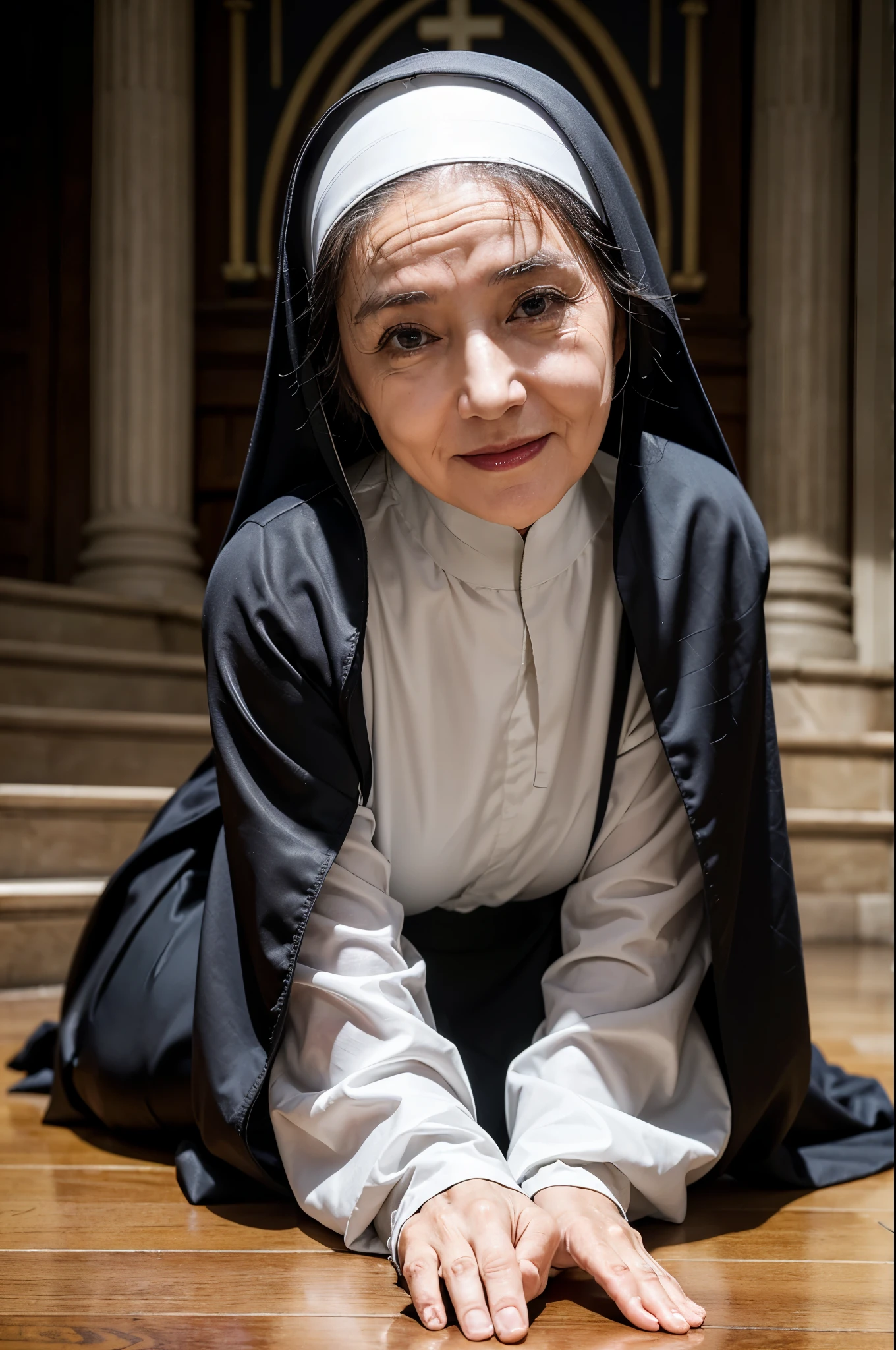 (masterpiece:1.4),(58-year-old woman:1.5),(Facial wrinkles : 1.2), pores, dull skin, skin blemishes, evil smile, motherly mature woman, long hair, (dressed as a catholic nun), (wide hips), detailed backgrounds, church, divine atmosphere, rosary, cross, kneeling on a floor