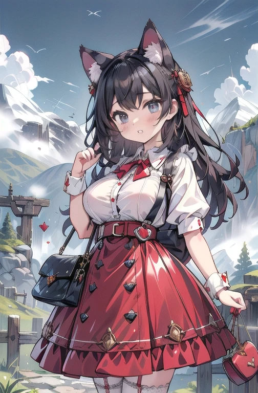 1 girl、Detailed facial details,16 yrs old,manacles,collared,Cat's ear,black hair long,red lips,wearing white latex,big breasts in white garter,carrying a bag,Charming red eye,manacles,collared,Radiant skin,mountainscape,Riu,forst