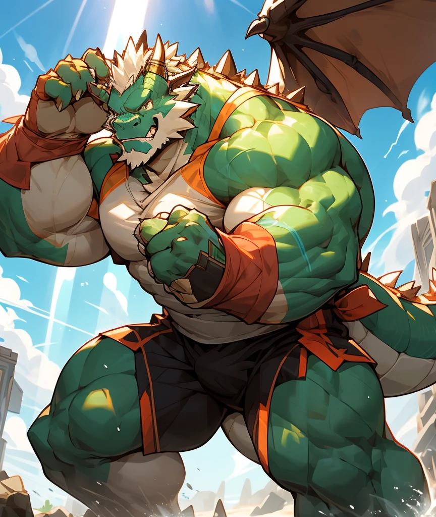 

Dragon Orc，Strong body，muscular，Like a born strong man。His skin looks healthy and fair...，Muscle and fat intertwined，Create unique skin texture，Perfect and powerful。

His arms are as strong as iron pillars，Well-defined muscles，It seems to contain infinite power。Palms are generous，Sharp fingers and claws，Showing his wildness and strength。

He has a big heart，Muscle bulge，As if it could withstand any impact。Very good abdominal muscles，腰部Full of power，Like an indestructible mountain。

His legs are muscular，Seems to be able to overcome any obstacle。Calf muscle lines are smooth，Full of power，A dragon that looks strong and agile&#39;The tail is strong and powerful，The scales at the end of the tail shone with cold light，Showing his majesty and mystery。

The whole picture is dominated by cold colors..，强调白Dragon Orc的力量和威严。In the treatment of light and shadow，Let the gentle sunshine shine on him，Make his muscles more three-dimensional and vivid。at the same time，Pay attention to his facial expressions and eyes，He showed his perseverance and courage，Like an invincible strongman。