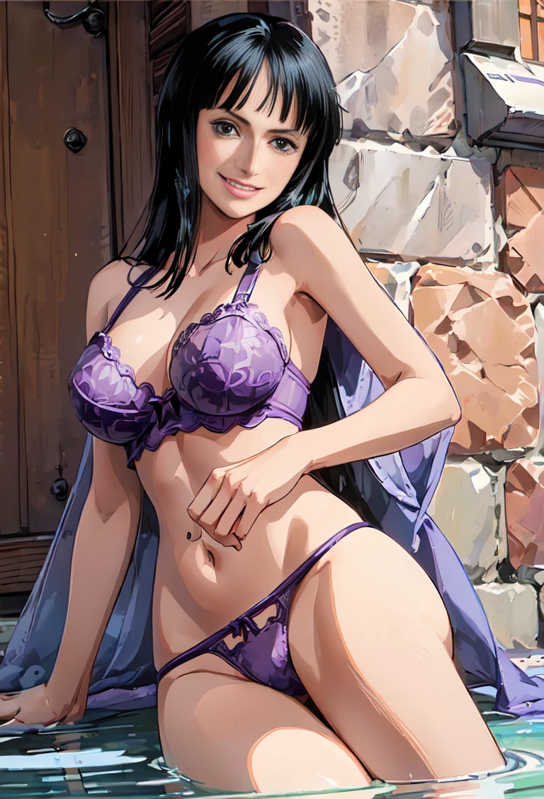 ((((panties:1.2))))、(((Cowboyshot:1.5))), (((smile coolly:1.3)))、best quality, masterpiece,1girl 、(((Light purple lingerie highest quality、Light purple bra and light purple panties, Writing about underwear is complicated、The delicate pattern of)))、(((huge breasts))), Beautiful sunlight,(((( on the castle)))), One Piece character nico robin, long black hair, extremely beautiful, looking at the viewer, standing in a lingerie.(top-quality, 8K, masterpiece:1.3)), A detailed eye, (looking at from the front), Look at the camera, ((Everything is sparkling、reflecting light:1.2)), (portrait), 1 person, nico robin ((one piece)), Beautiful woman with perfect body, Highly detailed facial and skin texture, all fingers pointing at viewer,(((Beautiful Light purple lingerie highest detail)))、nico robin、Long black hair、Big Eyes、Serious expression、clear lips、Arched eyebrows、Smooth nose、Earrings、Bangs flowing sideways、
((Drawing style of One Piece manga series))