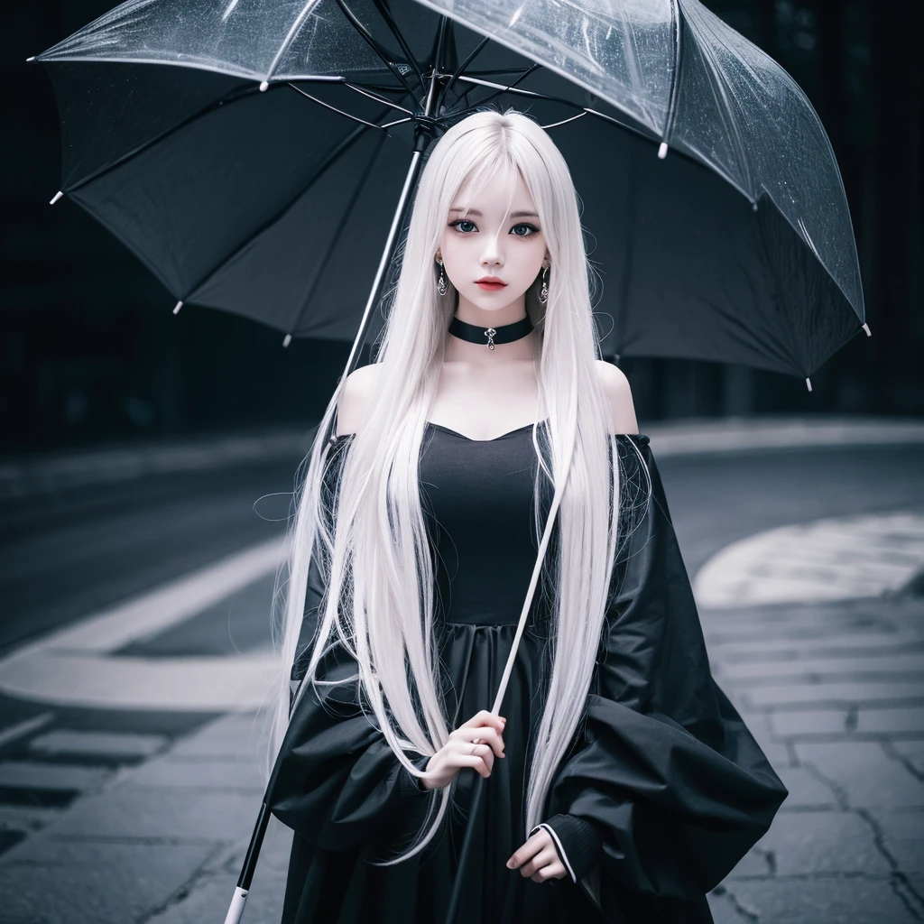 Alone　woman　White long hair color　elegant　choker　Earrings　hoodie　Gothic Lolita　Wet day　holding a black umbrella　Detailed Background　masterpiece　Curvaceous body, precise human body, precise 5-finger, precise　High Contrast　4K Exquisite lighting and shadows　Cinema Lens Effects　Vibrant colors
