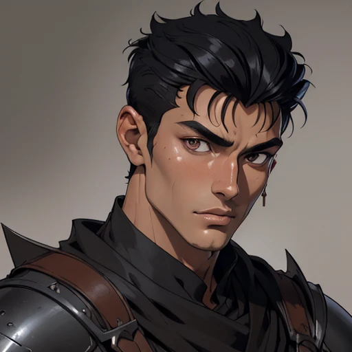 (masterpiece), (best quality),(portrait),(bust up),1boy,solo,(sharp focus),((look at viewer)),tanned skin ,(black hair),adult, (ancient:1),ancient luxurious long clothes,old school fantasy art,((simple background)),super shiny face,Ultra Glossy Skin,guts \(berserk\), 