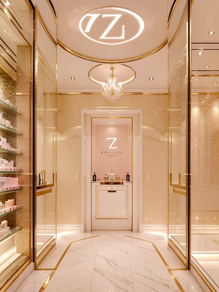 An ethereal-looking, big, classy, luxurious, well-known perfume shop, with a letter Z logo, with color soft pink, a bit of gold, and white 