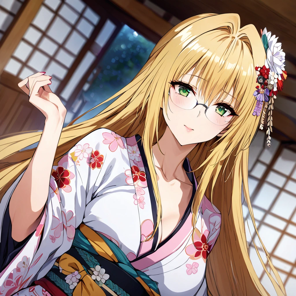 ((Highest quality)), ((masterpiece)), (detailed), （Perfect Face）、The woman in the Japanese garden is a Japanese Tiare, wearing a gorgeous and dazzling kimono, gorgeous hair ornaments, gorgeous jeweled accessories, and an engagement ring.、The woman is an elegant Tieryu with green eyes and blonde medium-long hair. The woman is a Japanese Tieryu wearing a Japanese kimono.