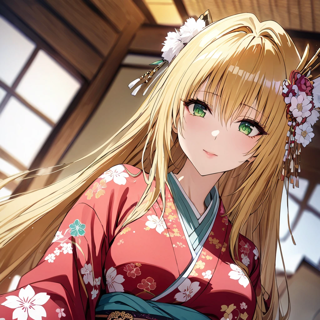 ((Highest quality)), ((masterpiece)), (detailed), (Perfect Face)、The woman in the Japanese garden is a Japanese Tiare, wearing a gorgeous and dazzling kimono, gorgeous hair ornaments, gorgeous jeweled accessories, and an engagement ring.、The woman is an elegant Tieryu with green eyes and blonde medium-long hair. The woman is a Japanese Tieryu wearing a Japanese kimono.