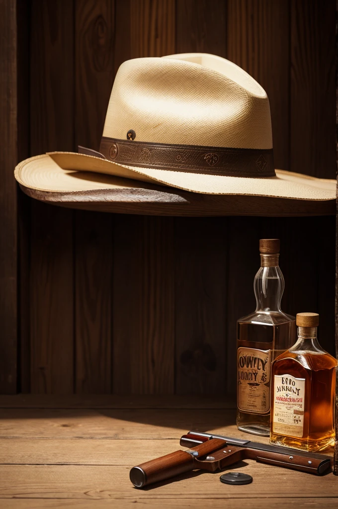 A cowboy hat and a bottle of whiskey on a wooden table, while in the front corner a shotgun is resting.