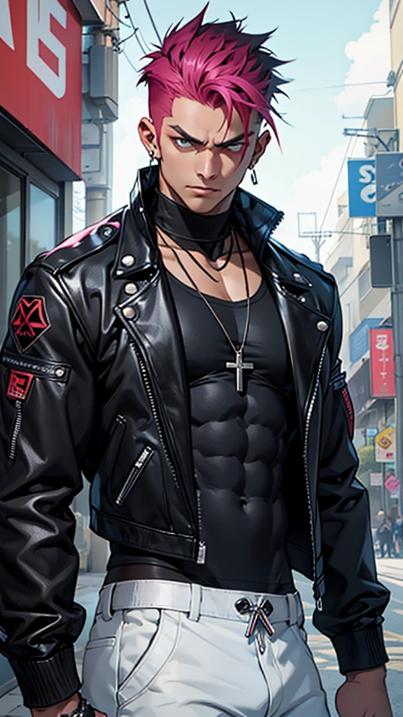 A fierce young man stands confidently, his intense gaze piercing through the viewer. He sports a stylish punk look, complete with a spiked leather jacket, layered necklaces, and a cross earring. His muscular physique is highlighted by a cropped tank top, revealing his chiseled abs. The background is a vibrant explosion of colors, adding to the dynamic and rebellious vibe of the scene.