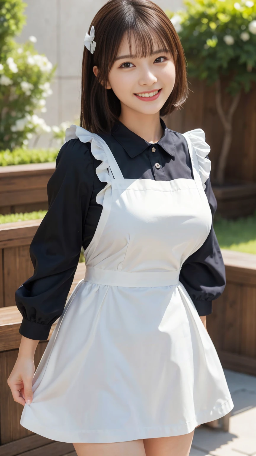 Highest quality, masterpiece, Ultra-high resolution, (Realistic:1.4),Beautiful woman,(Shortcuts),(Big Breasts) ,Beautiful Skin, Fine skin, 魅惑的なsmile, Background blur, smile, (Luxury Long Dress, Her high-quality polka-dot panties are visible from the hem of her dress.:1.3, Long sleeve ruffle, White maid apron, White prim head)