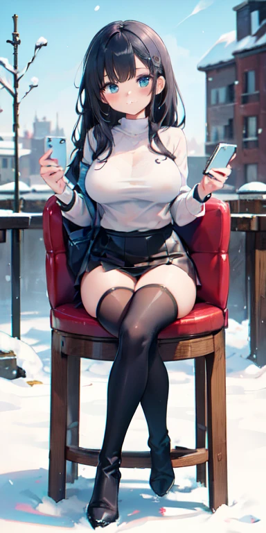 work of art, 8K, style of art by shaman240, very highly detailed face, detailed clothing, detailed fabric, 1 girl, beautiful face, asymmetrical long hair, hair light blue, breasts big, slim, thick-thighs, wearing beautiful winter clothes, peencil leather mini skirt, Dior thigh high boots ,very detailed blue cat eyes, sitting on a stool inside a modern cafe, holding a phone, cute smile, sunny winter scenery, full body view, happy expression,