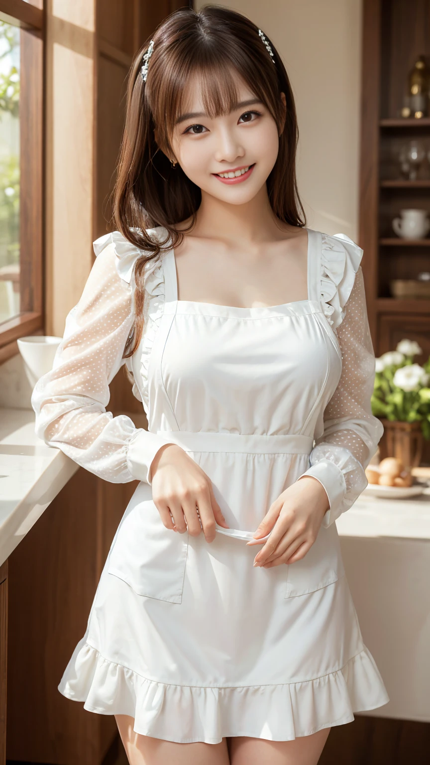 Highest quality, masterpiece, Ultra-high resolution, (Realistic:1.4),Beautiful woman,(Shortcuts),(Big Breasts) ,Beautiful Skin, Fine skin, 魅惑的なsmile, Background blur, smile, (Luxury Long Dress, Her high-quality polka-dot panties are visible from the hem of her dress.:1.3, Long sleeve ruffle, White maid apron, White prim head)