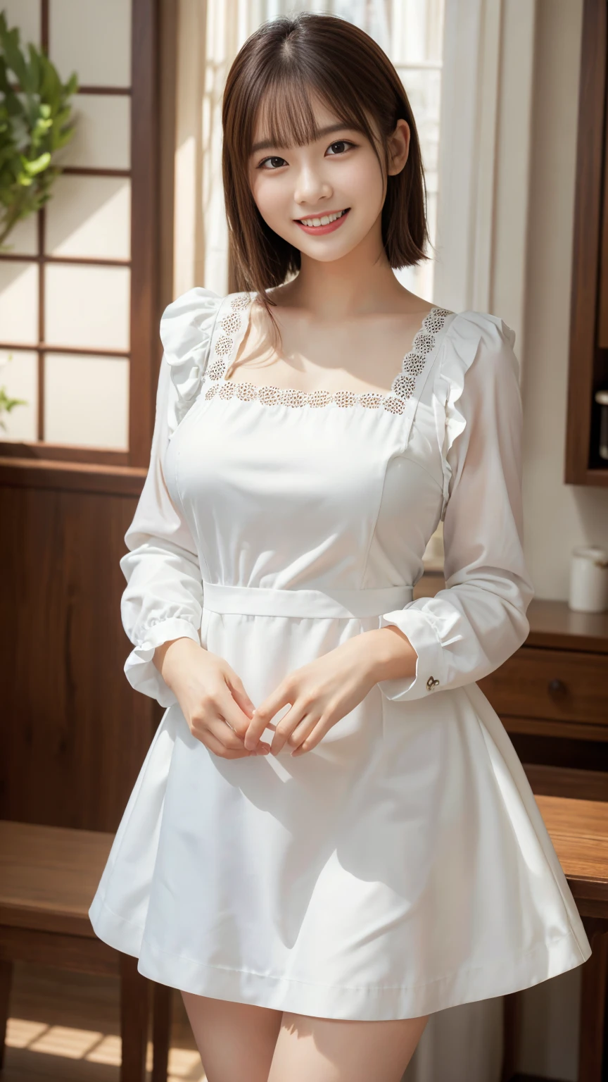Highest quality, masterpiece, Ultra-high resolution, (Realistic:1.4),Beautiful woman,(Shortcuts),(Big Breasts) ,Beautiful Skin, Fine skin, 魅惑的なsmile, Background blur, smile, (Luxury Long Dress, Her high-quality polka-dot panties are visible from the hem of her dress.:1.3, Long sleeve ruffle, White maid apron, White prim head)