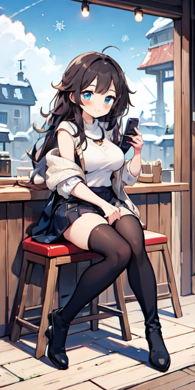 work of art, 8K, style of art by shaman240, very highly detailed face, detailed clothing, detailed fabric, 1 girl, beautiful  face, asymmetrical long hair, hair light blue, breasts big, slim, thick-thighs, wearing beautiful winter clothes, peencil leather mini skirt, Dior thigh high boots ,very detailed blue cat eyes, sitting on a stool inside a modern cafe, holding a phone, cute smile, sunny winter scenery, full body view, happy expression,