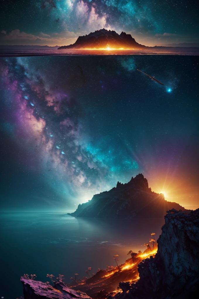 Beautiful and fine details, resolution, High Contrast, ((Mastepiece, Highest quality))Vast landscape photography, (View from below with views of the Ocean and fish and sharks and crabs below), sunshine, sparkling clouds (nebula: 1.3), Sunken City, Deep Ocean Production Art, (Warm light source: 1.2), (fire Fly: 1.2), Purple and Orange, Intricate details, Volumetric Lighting, Realism Break (Mastepiece: 1.2) (Highest quality), 4K, Super detailed, (Dynamic Configuration: 1.4), Extremely detailed and colorful, (Iridescent colors: 1.2), (Brilliant lighting, Ambient lighting), dream-like, Magic, (alone: 1.5)　