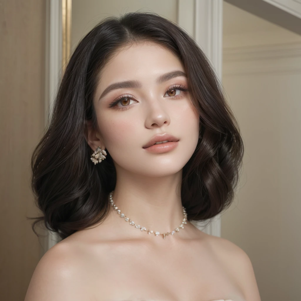 a closeup of a woman wearing a necklace and a dress, Amazing beauty, sensual look, with round face, inspired by reyna rochin, with professional makeup, inspired by Marie-Gabrielle Capet, Cindy Avelino, Portrait Sophie Mudd, 18 years, inspired by Ion Andreescu, in bowater art style