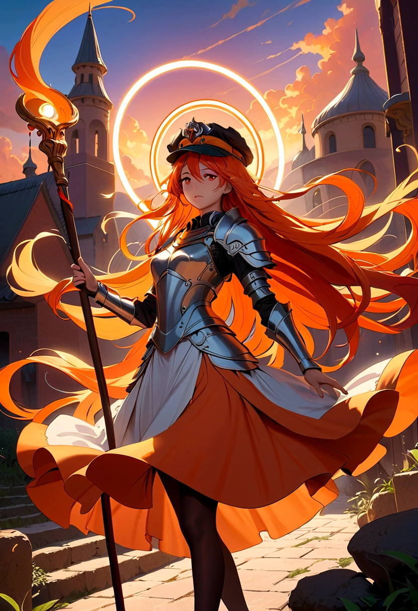 (masterpiece), best quality, Extremely detailed, illustration, Warm lighting, Vibrant colors, 1 Girl, Solitary, Very long hair, Gray hair, Orange Hair, Orange undercoat, Red Eyes, Colored undercoat, Two-tone hair, Ahog, Absurdly long hair, orange Colored undercoat, Colorful hair, Halo, , , Tights, Flowing hair, wind, Close one eye, staff, skirt, armor, hat, floating,, ,