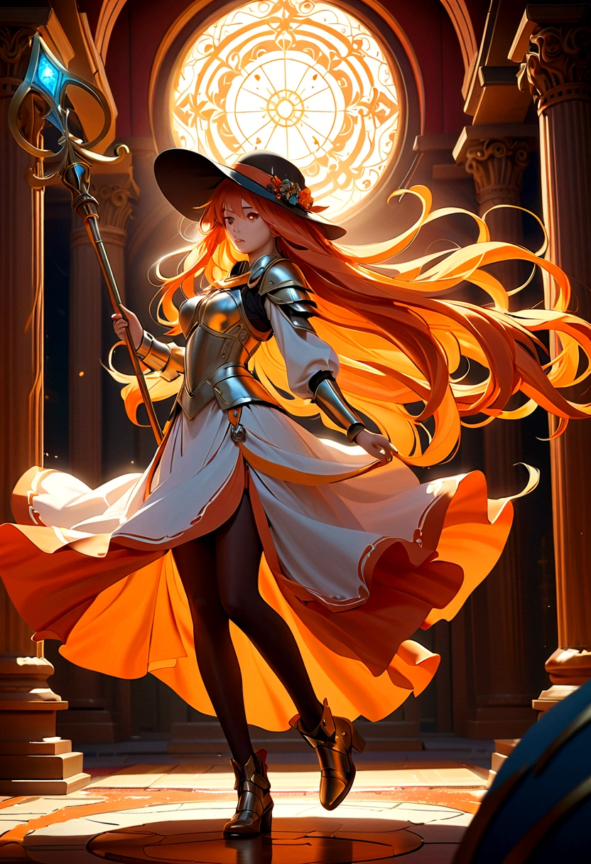 (masterpiece), best quality, Extremely detailed, illustration, Warm lighting, Vibrant colors, 1 Girl, Solitary, Very long hair, Gray hair, Orange Hair, Orange undercoat, Red Eyes, Colored undercoat, Two-tone hair, Ahog, Absurdly long hair, orange Colored undercoat, Colorful hair, Halo, , , Tights, Flowing hair, wind, Close one eye, staff, skirt, armor, hat, floating,, ,