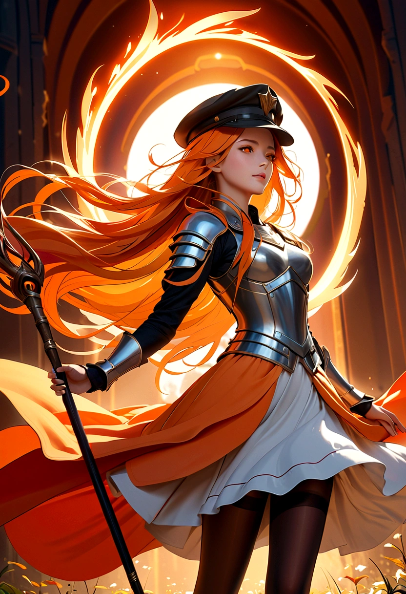 (masterpiece), best quality, Extremely detailed, illustration, Warm lighting, Vibrant colors, 1 Girl, Solitary, Very long hair, Gray hair, Orange Hair, Orange undercoat, Red Eyes, Colored undercoat, Two-tone hair, Ahog, Absurdly long hair, orange Colored undercoat, Colorful hair, Halo, , , Tights, Flowing hair, wind, Close one eye, staff, skirt, armor, hat, floating,, ,  