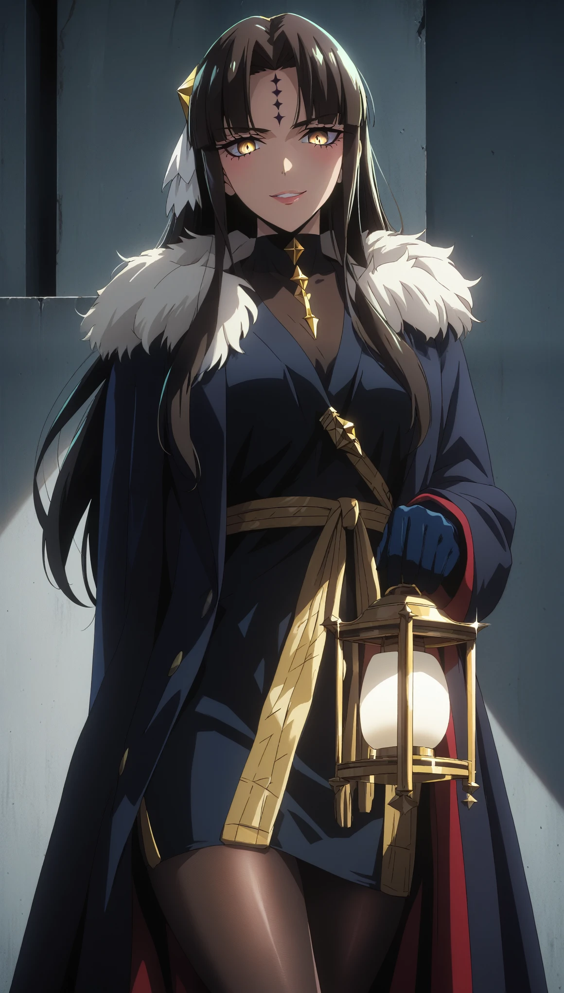 (harayutaka art style:0.7), score_9, score_8_up, score_7_up, score_6_up, uncensored, michiko tanaka, long hair, black hair, hair ornament, forehead mark, yellow eyes, BREAK (masterpiece:1.2), best quality, high resolution, (detailed eyes:1.3), perfect lighting, (perfect hands, perfect anatomy), medium breasts, smirk, upper teeth, 1girl, gloves, black_gloves, black_legwear, looking_at_viewer, coat, breasts, fur_collar, jewelry, holding, solo, dress, pantyhose, standing, lamp,