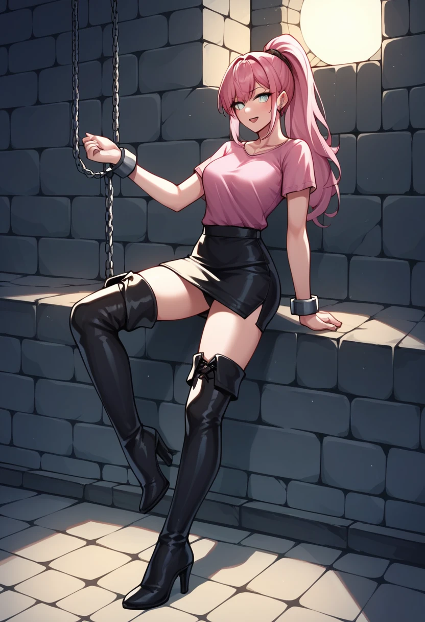 score_9, score_8_up, score_7_up, score_6_up, score_5_up, score_4_up, source_anime, 1 woman, worth, pink hair, ponytail, white eyes, w-w-chain, shackles, put on wrist , hold out your hands, long hair, pink shirt, skirt,thigh boots , green boots, black heels, night, dungeon, best quality, best res, 4K UHD,