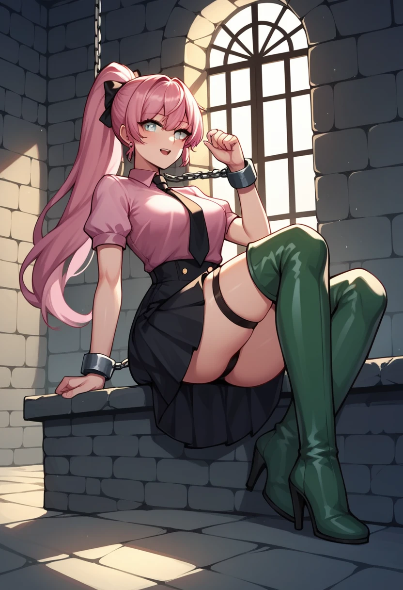 score_9, score_8_up, score_7_up, score_6_up, score_5_up, score_4_up, source_anime, 1 woman, worth, pink hair, ponytail, white eyes, w-w-chain, shackles, put on wrist , hold out your hands, long hair, pink shirt, skirt,thigh boots , green boots, black heels, night, dungeon, best quality, best res, 4K UHD,