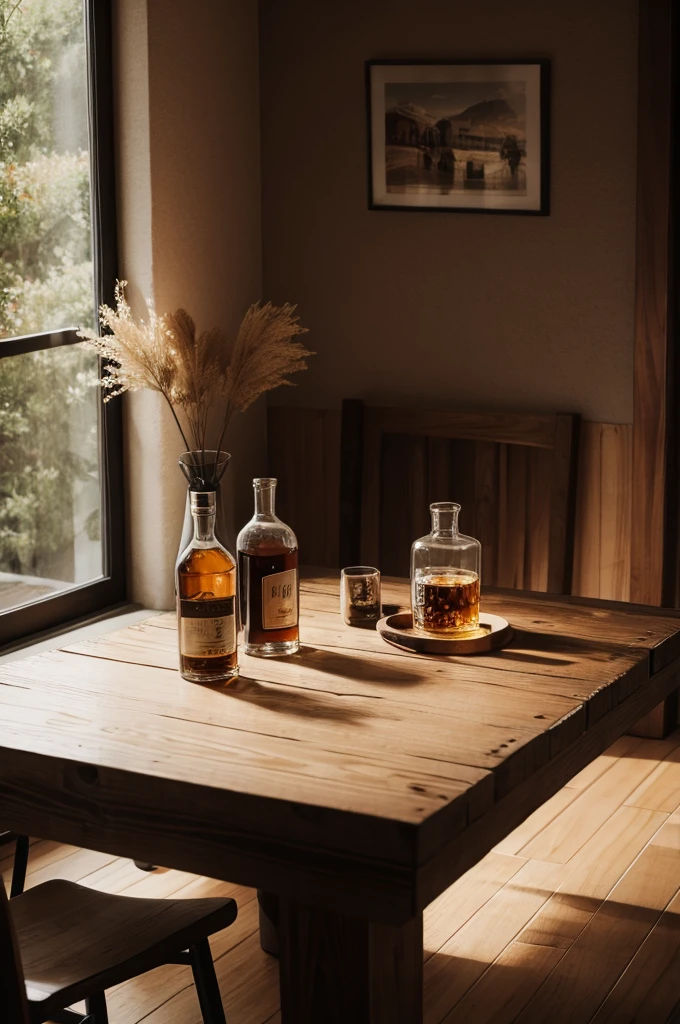 A cowboy hat and a bottle of whiskey on a wooden table, while in the front corner is supported a 12
