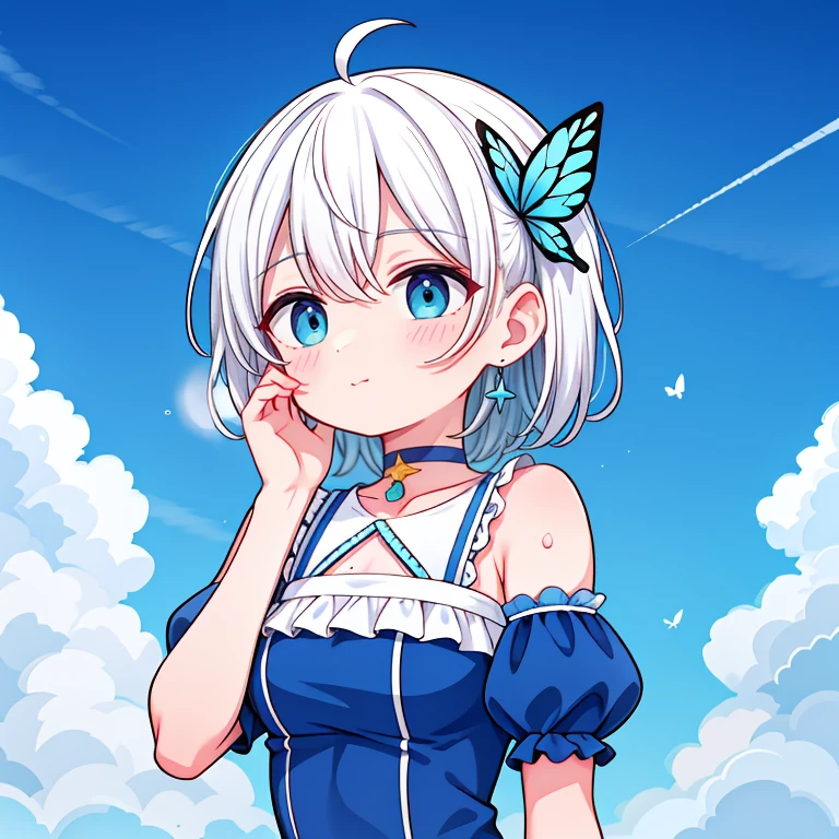 1 ,Blue Pupil,toenails,hand on own face,White hair,sky blue eyes,(blush:1.1),choker,blue sky,lesbian full body，shivering,sweat,Gotas de sweat,dream magical,(speed line:1.1),medium breasts, ((rough breathing:1.3)), cure, butterfly earrings, top cut, pleasure, loud and cold，high quality 4k